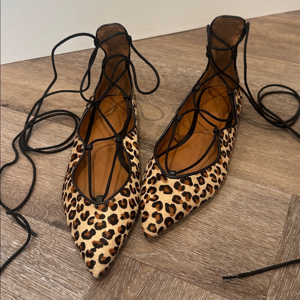 Zara Woman Calf Hair Leopard Print Lace-Up Flats